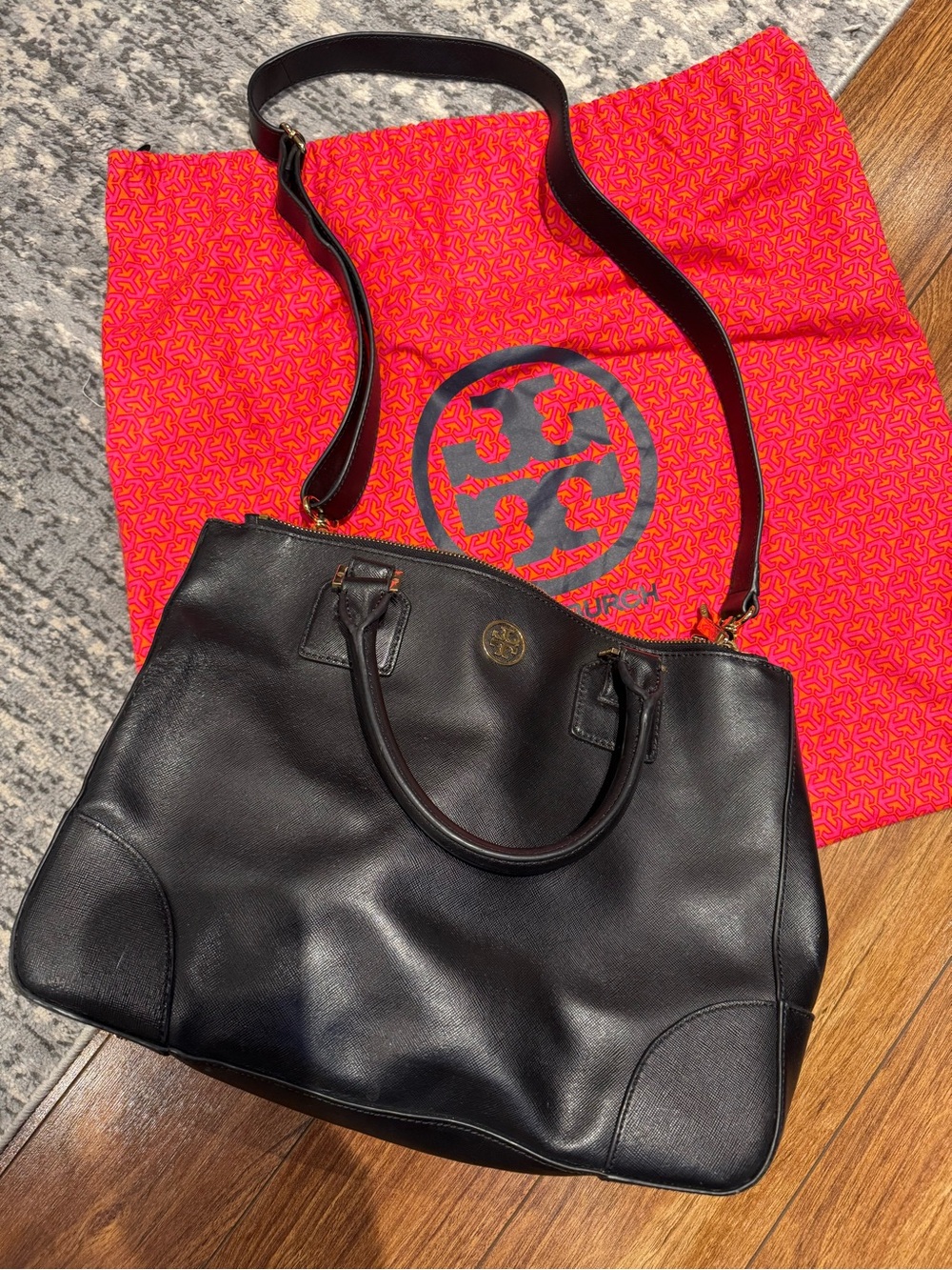 Tory Burch Black Leather Tote with Gold Logo